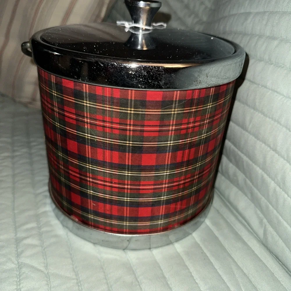 Vintage Ice Bucket Bar Wear Red Plaid W, Chrome Trim Retro Ralph Lauren Vibes